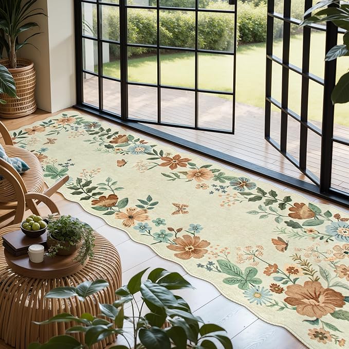Lahome Floral Washable Runner Rug, 2'6''x8' Soft Hallway Rug Non Slip, Boho Ultra-Thin Kitchen Runners for Hallways with Rubber Backing Carpet for Laundry Bedroom Bathroom(Beige)