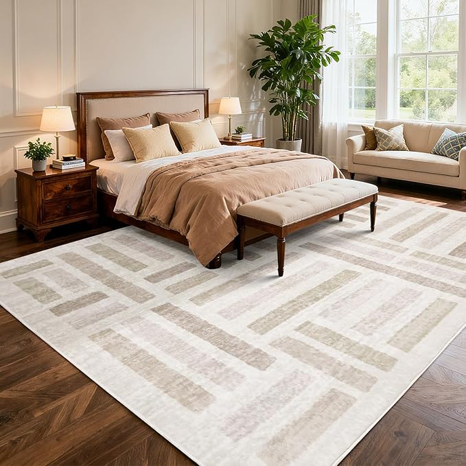 Washable Area Rugs, 8x10ft Soft Rug for Living Room and Bedroom Vintage Striped Rug Stain Resistant with Non Slip Backing Geometric Checkered Foldable Print Mat for Home Decor