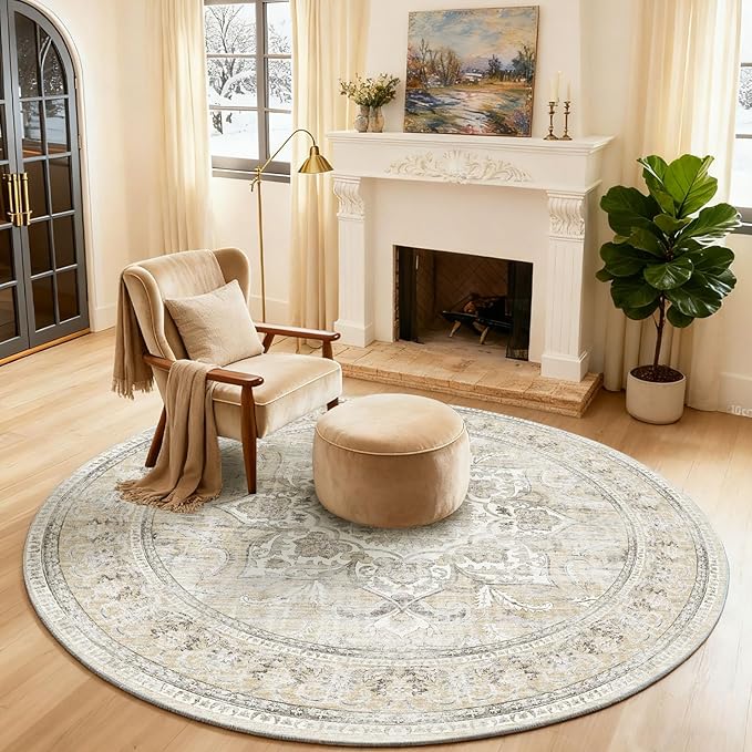 4x4 Round Bedroom Rug Washable: Round Boho Rug Stain Resistant Non Slip Low Pile Small Carpet for Bedroom Kitchen Entryway Living Room Bedside Office Dorm Kids Room Entrance