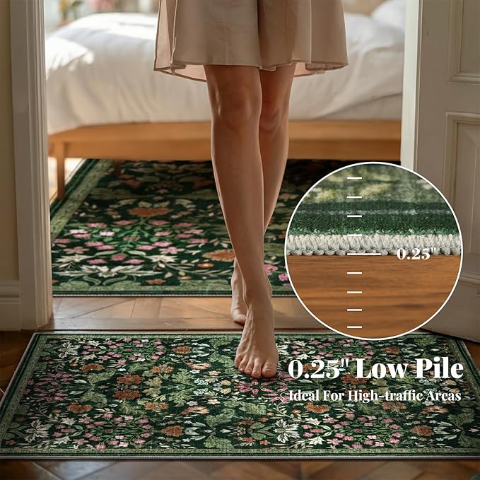 Floral Entryway Washable Rug: 2x3 Soft Low Pile Thin Indoor Front Door Mat, Non Slip Stain Resistant Vintage Flower Boho Accent Small Rugs for Bedroom, Kitchen, Bathroom, Nursery Entrance - Green