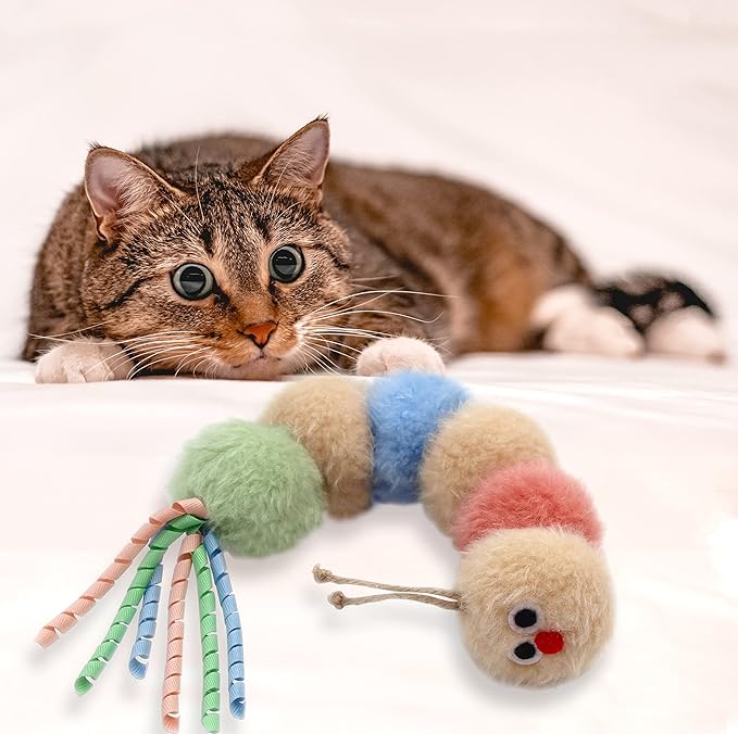 Interactive Natural Catnip Kicker, with Rattle and Ribbon, Bite Resistant, for All Ages Indoor Cat, Soft Caterpillar Kicker, Fluffy Kitten Toy
