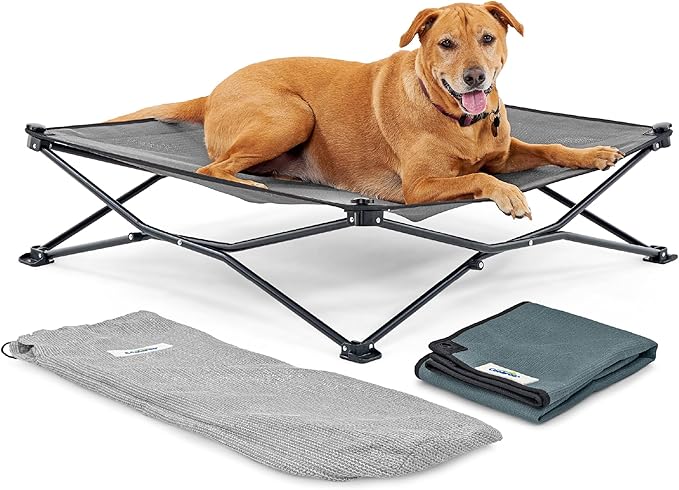 Coolaroo On-The-Go Elevated Dog Bed Kit – Portable & Cooling Travel Cot with HeatShield Fabric for Large Dogs, Lightweight & Compact, Includes Matching Carry Bag & Pacific Blue Bonus Cover, Large