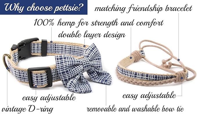 Pettsie Dog Bow Tie Collar with Matching Friendship Bracelet – Adjustable, Durable Hemp & Soft Cotton, Stylish & Comfortable for Sensitive Skin, Elegant Gift Box, Small, Dark Blue