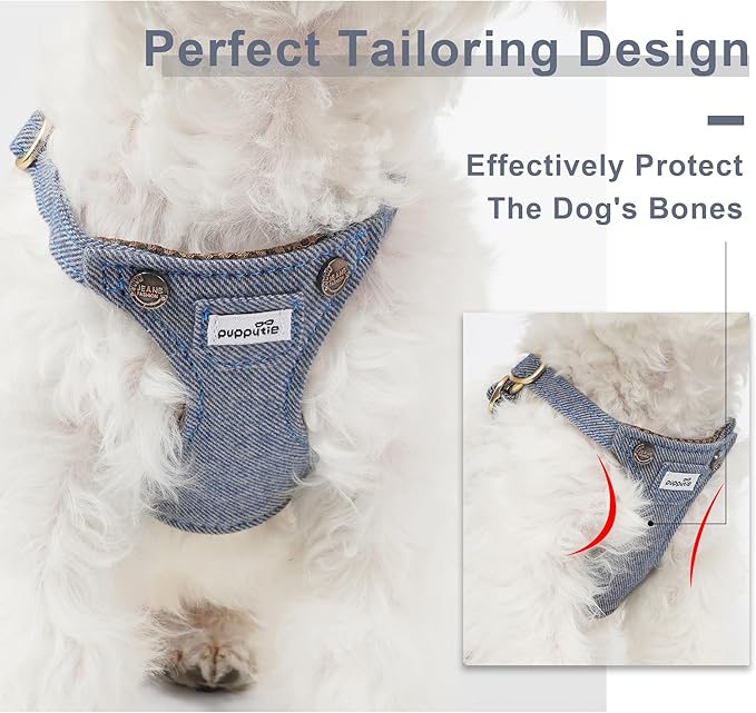 Puppytie No Pull Dog Harness with Multifunction Dog Leash,Soft Adjustable No Choke Escape Proof Pet Harness Vest for Medium Dogs,Denim Light Blue,M