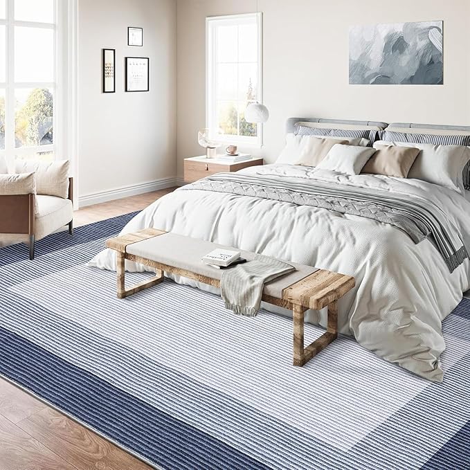 GarveeHome Washable Rug 8x10 Living Room Rugs, Modern Neutral Bordered Rug for Dining Room Solid Non Slip Low Pile Pet Friendly Large Carpet for Farmhouse Apartment Bedroom Dorm Blue