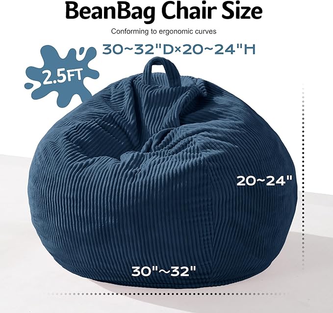 Homguava 2.5FT Bean Bag Chair,Teardrop Bean Bags Small Beanbag Chair with Memory Foam Filled and Ultra Soft Corduroy Cover for Living Room, Bedroom(Dark Blue)