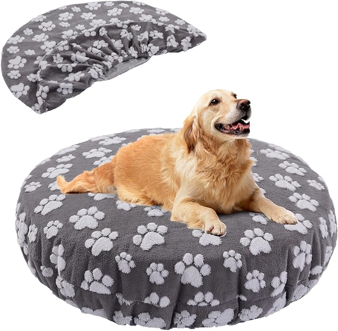 BALAPET Washable Dog Bed Covers Replacement Round Waterproof Bed Cover for Dog Soft Pet Bed Cover with Lovely Dog Paw Print and Double-Sided Usable Design,Cover Only(Dark Gray,30 * 30 * 10in)