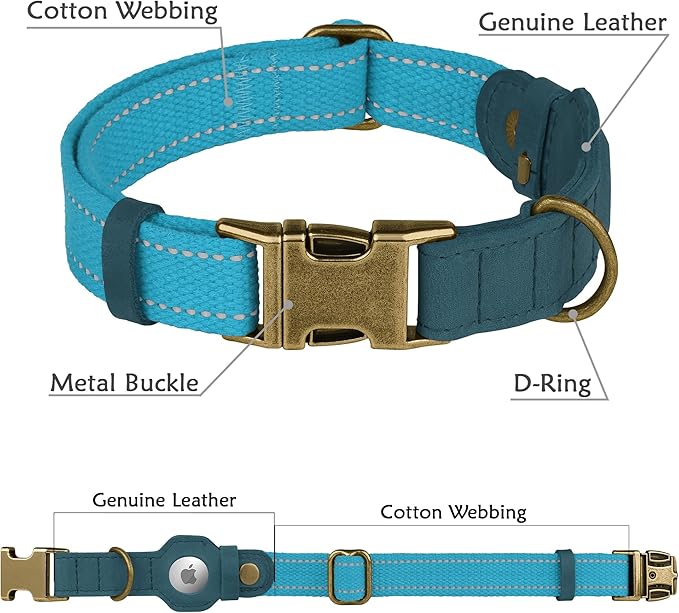 Reflective Leather Dog Collar with AirTag Holder - Soft Apple Airtag Dog Collar with Metal Buckle - Safety Cotton Pet Collars for Dogs Small Large Dogs Puppy (Sky Blue, XL, 20"-25")