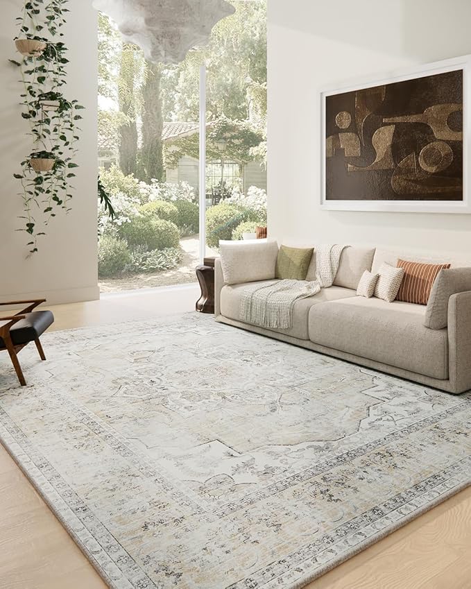 Washable Area Rugs for Living Room: 6'x9' Bedroom Area Rug Boho Stain Resistant Distressed Vintage Accent Rug Non Slip Low Pile Faux Wool Soft Rug for Kitchen Entryway Bedside Nursery Dining Room