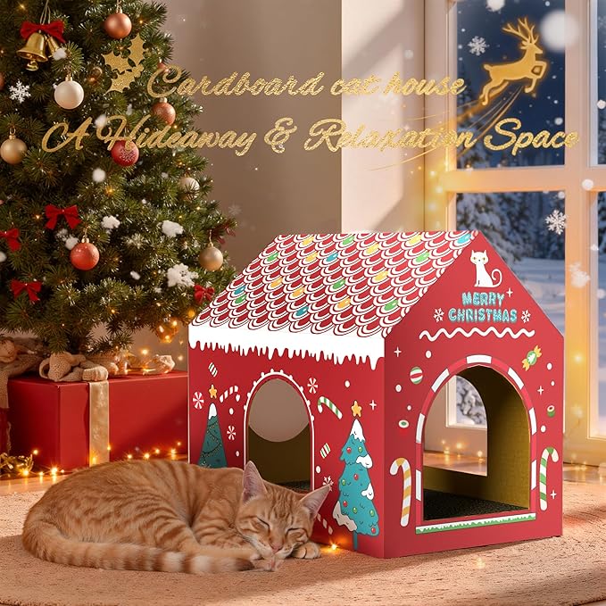 WESTERN HOME Cardboard Cat House W/Scratcher, Christmas Cat Houses for Indoor Cats (16.5''x12''x15''), Bunny&Kitten Hideaway Cats Scratching Playhouse for Christmas Decorations