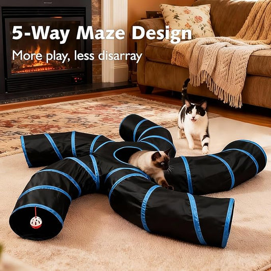 Joytale 5-Way Cat Tunnels for Indoor Cats, Pet Tube Toy with Bell Ball and Toy Mouse, S-Shape Collapsible Tunnel with Interactive Hole for Kitty, Kitten, Rabbit, Puppy (Blue&Black)