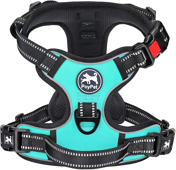 PoyPet No Pull Dog Harness, No Choke Front Lead Dog Reflective Harness, Adjustable Soft Padded Pet Vest with Easy Control Handle for Small to Large Dogs(Mint Blue,XS)