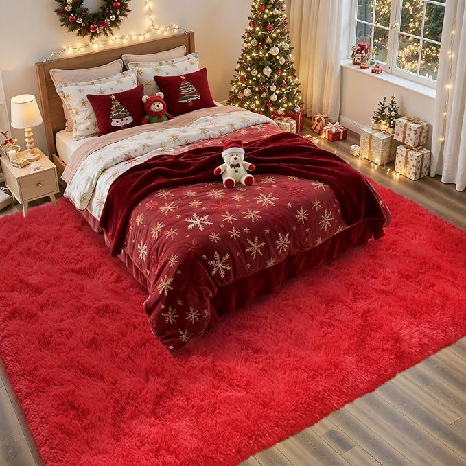 8x10 Ft Extra Large Shag Rugs for Living Room, Ultra Soft Fluffy Furry Area Rugs for Bedroom Indoor Floor, Aesthetic Carpet for Kids Home Decor (Red)