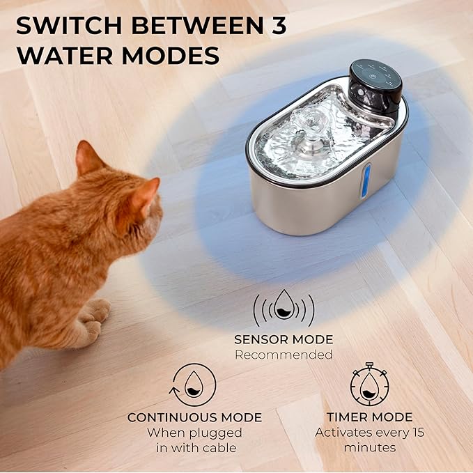 Wireless Cat Water Fountain Stainless Steel 108oz/3.2L, Cordless, Battery Operated Cat Fountain (Last up to 50 Days), Ultra Quiet, 2 Flow Modes, Multi-Filtration, BPA Free, Includes 2 Filters - White