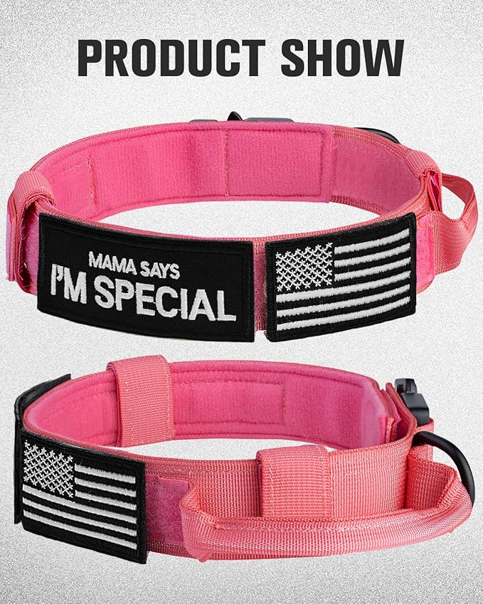 Joytale Tactical Dog Collar with Handle, Adjustable Heavy Duty Military Collar with 2 Patches for Training, Suitable for Large Dogs, Hotpink, L