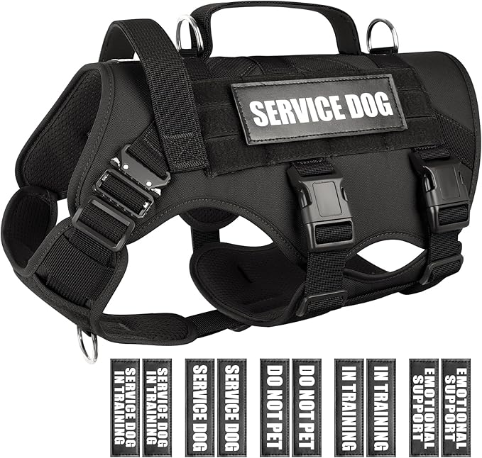 WINSEE Service Dog Vest Harness for Medium Dog, Tactical Working MOLLE Vest with 10 Pet Patches, No Pull Heavy Duty Harness for Training Walking