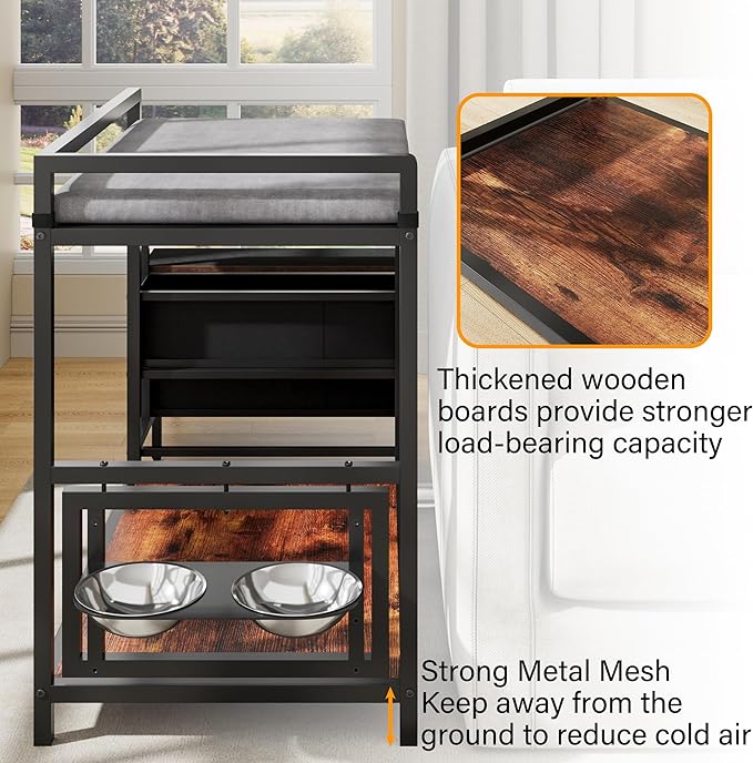 Pet Window Perch with 360° & Adjustable Raised Feeder, Pet Bunk Bed with Stairs and Storage, Dog Beds Attachment to Human Bed, Bedside Dogs Cot for Small, Medium Cats & Dogs