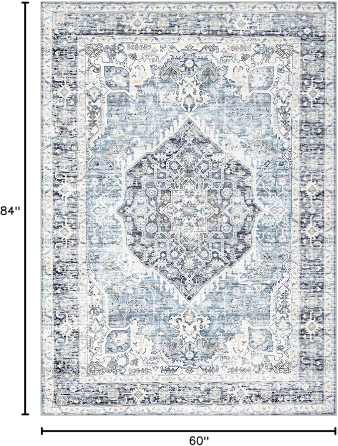 Area Rug 5횞7, Vintage Boho Rug,Ultra-Soft Low Pile, Washable, Non Slip,Stain Resistant Printed Carpet for Living Room Bedrooms Playroom Office Kitchen, Light Blue