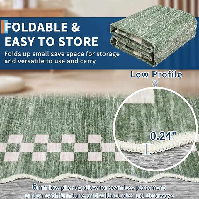 GarveeHome Scalloped Washable Rug 9x12 Area Rug for Living Room Modern Border Large Bedroom Throw Carpet with Rubber Backing Stain Resistant Boho Rug for Dining Room Home Decor Office, Green
