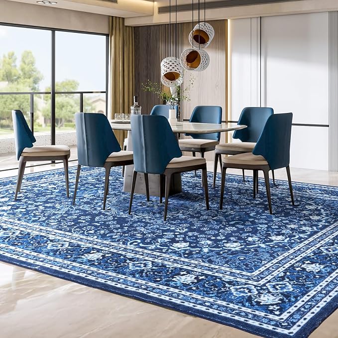 Lessymo Washable Area Rugs 6x9- Boho Area Rug Low Pile for Bedroom Living Room Kitchen, Ultra-Soft Faux Wool Vintage Area Rug with Non-Slip Rubber, Kid & Pet Friendly, Blue White