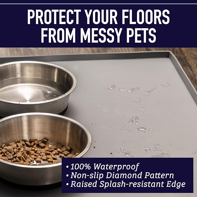 Leash Boss Waterproof Non-Slip Dog Bowl Mat - Dog Food Mat, Food-Grade Silicone Tray for Pet Bowls, XL, 25 x 17 in, Beige