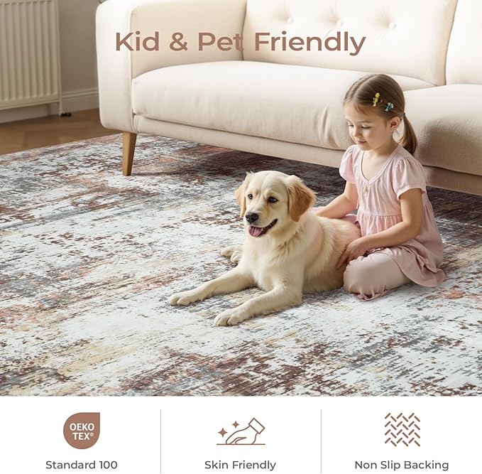 8x10 Area Rugs for Living Room, Abstract Modern Washable Rug, Indoor Soft Non-Slip Large Floor Carpet for Bedroom Dining Room Home Decor, Rust Red