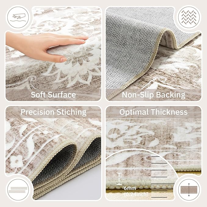 6x9 Area Rugs for Living Room, Stain Resistant Neutral Washable Rugs for Bedroom, Floral Vintage Non-Slip Soft Throw Carpet for Dining Room Farmhouse (Light Brown, 6'x9')