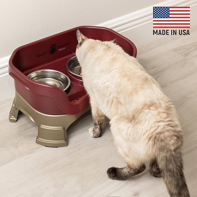 Neater Feeder Deluxe Mess Proof Cat Bowls Elevated for All Breeds – Made in USA – No Spill Raised Cat Bowls for Indoor Cats w/Leg Extensions – Stainless Steel Cat Food and Water Bowl Set - Red