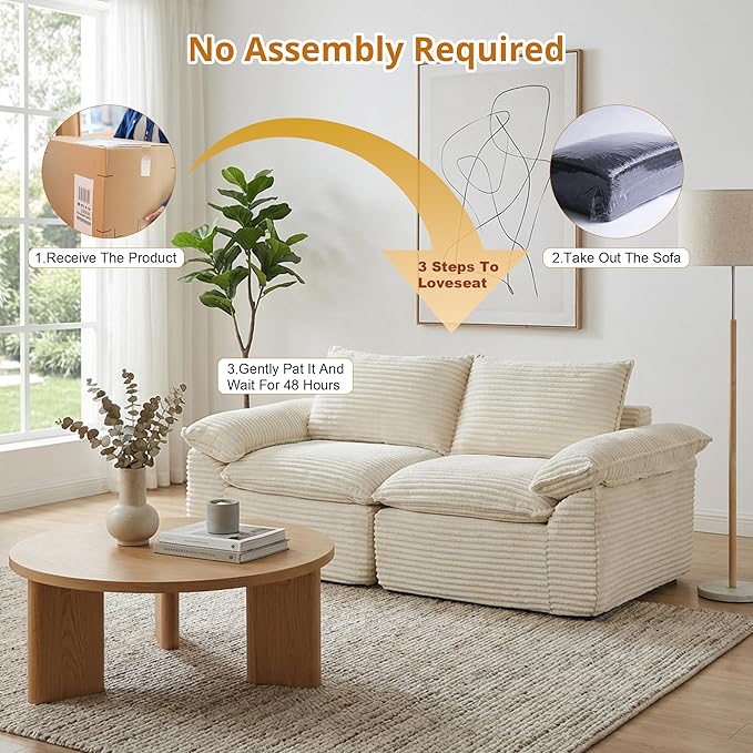 80" Cloud Loveseat Sofa, Boneless Couch Sofa in A Box for Living Room, Modern Modular Sectional Sofas 2 Seat Couch Foam Comfy No Assembly Cloud Couches with Throw Pillows for Bedroom, Dorm, White