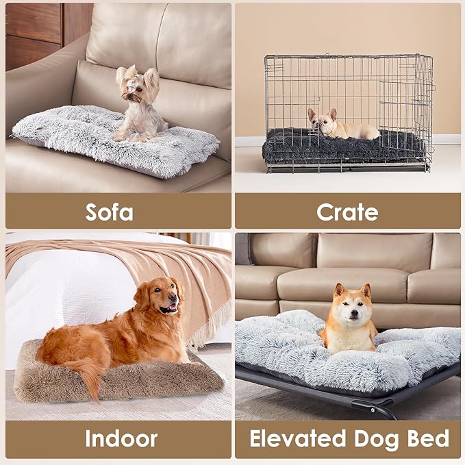 EHEYCIGA Fluffy Dog Crate Bed for Large Dogs, Plush Faux Fur Crate Pad, Calming Anti Anxiety Large Dog Bed, Washable Soft Warm Mat with Non-Slip Bottom, Camel