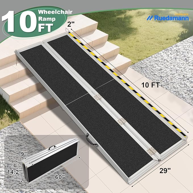 Ruedamann 10'L Wheelchair Ramp, 600Lbs Capacity, Non-Slip Threshold Ramp, Portable Aluminum Folding Handicap Ramp for Home, Wheelchairs, Steps, Stairs, Doorways, Curbs