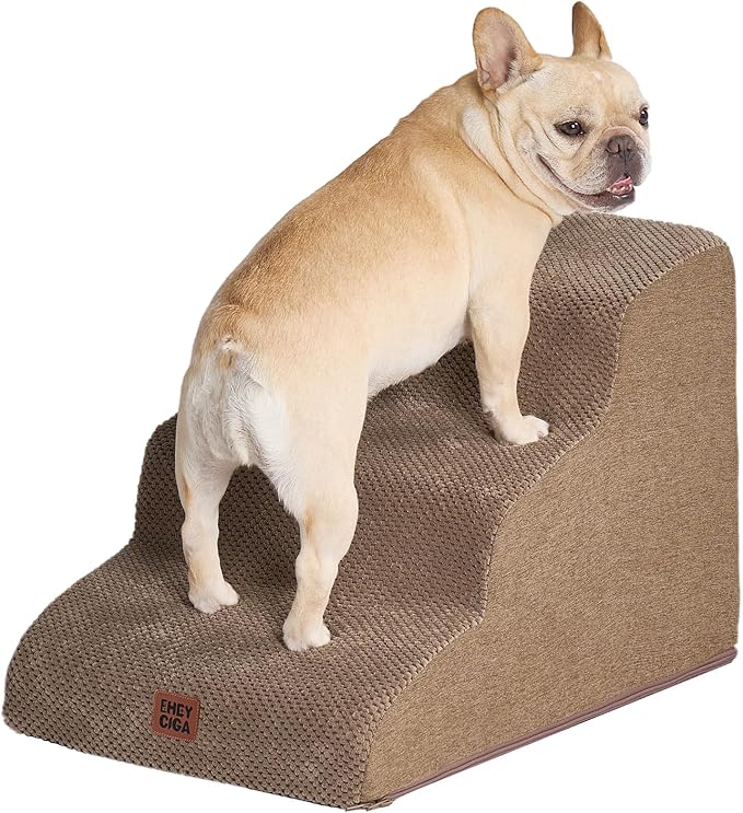 EHEYCIGA Curved Dog Stairs Ramp for Small Dogs 15.7" H, 3-Step Dog Steps for Couch Sofa and Chair, Pet Stairs for Cats, Non-Slip Balanced Pet Steps Indoor, Camel
