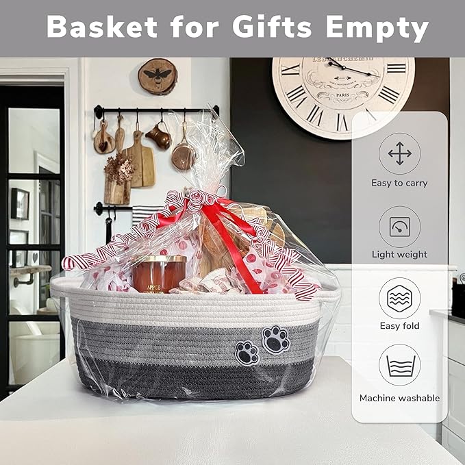Dog Toy Basket Gift Basket Empty, Woven Storage Baskets for Towels, Cute Dog Storage Bins with Handles, Small Cotton Rope Baskets for Shelf, 13.6"x 10" x 6", Mixed-Gray