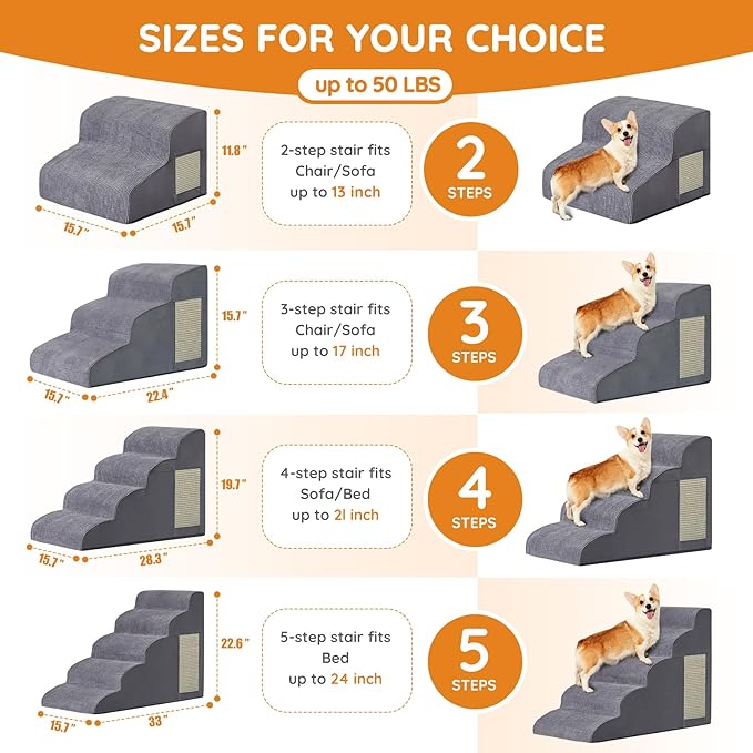 Pet Stairs, Dog Stairs for Small Dogs, Dogs Steps, 3-Step Curved Dog Ramp for Bed, Couch, Sofa, Car and Chairs, Non-Slip Bottom Design, Cat Scratching Board, High Density Foam Portable Pet Step, Grey