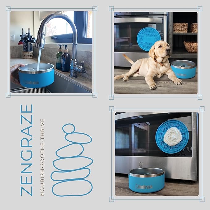 Slow Feeder Dog Bowls with Premium Accessories | Slow Feeder Insert & Silicone Lick Mat Lid - Heavy Duty, Stainless Steel Dog Bowl | Non-Slip & Durable, 64 oz | Medium to Large Dogs (Eli Blue)