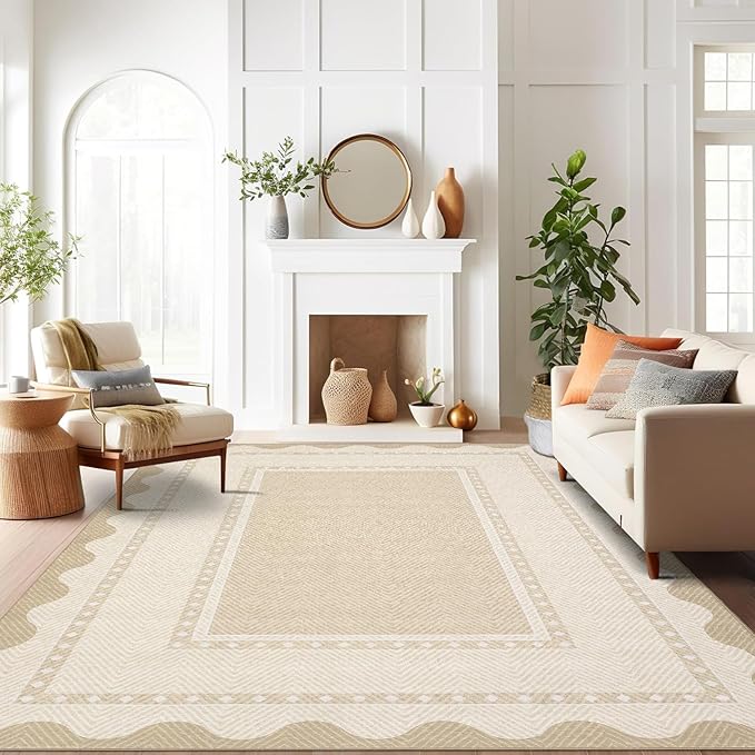 GarveeHome Washable Area Rugs 10x13 Modern Border Neutral Print Pattern Large Solid Rugs, Low Pile Non Slip Stain-Resistant Soft Carpet, Perfect for Living Room, Bedroom, Kids Room, Nursery, Beige