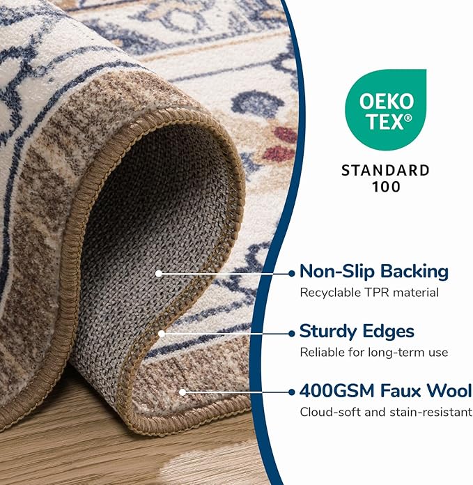 Lessymo 2 x 4 Entryway Rug, Machine Washable Area Rugs Boho Faux Wool Low Pile Area Rug for Bedroom, Floral Medallion Vintage Outdoor Rugs with Non-Slip Rubber,Brown Beige