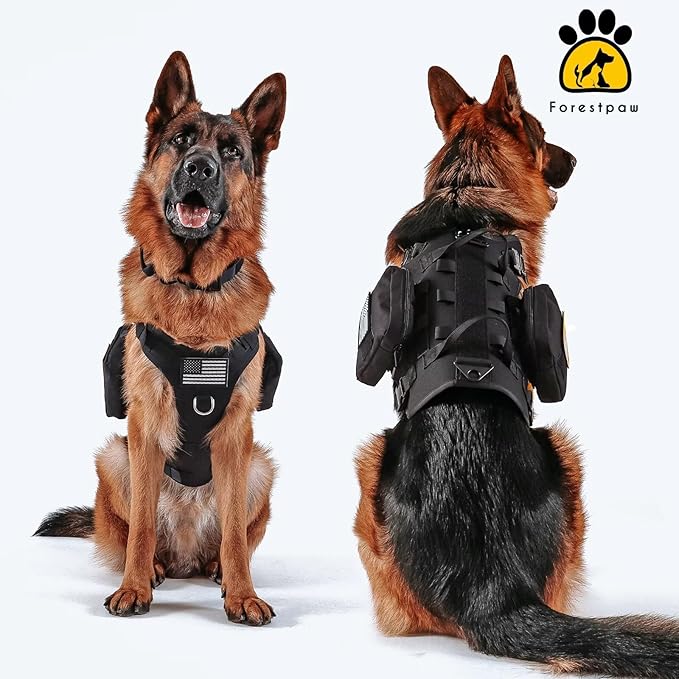 Forestpaw Dog Harness for Large Dogs,Tactical Dog Harness with Handle,No Pull Military Service Dog Vest with Pockets Adjustable for Walking Training,Black,Chest 21.5-45"