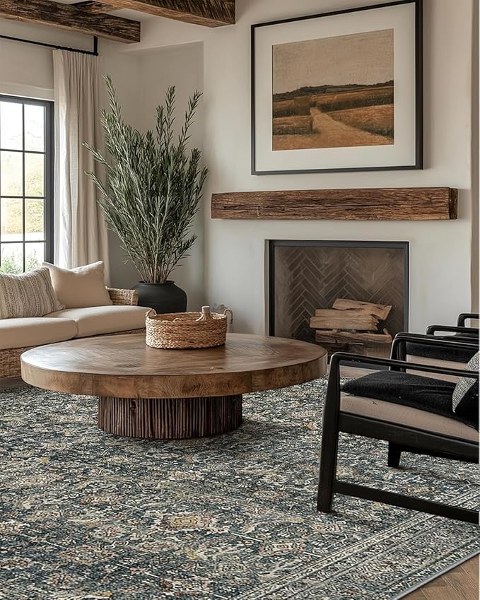 Bavni Washable Rugs 8x10 Area Rug for Living Room Bedroom, Washable Rug Vintage Print Carpet, Low Pile Lightweight Mat with Non Slip Backing,Deep