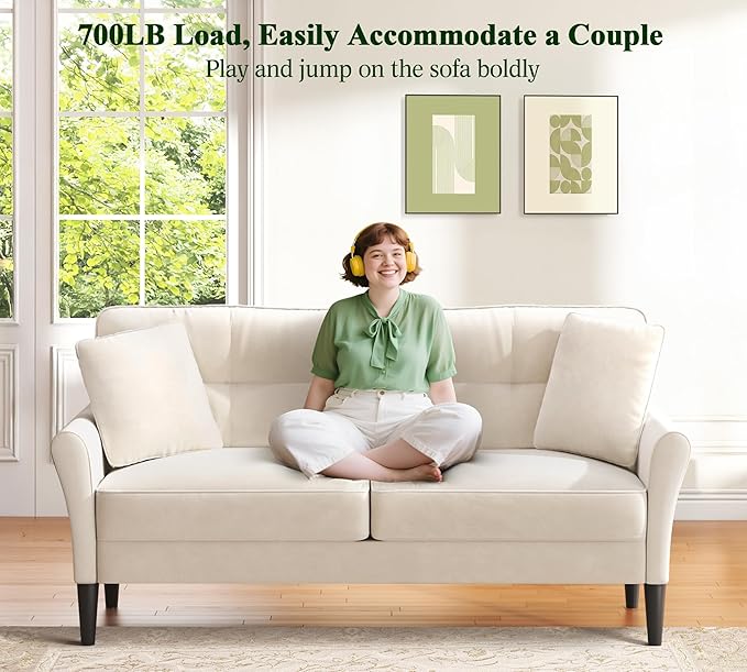 69" Loveseat Sofa, Velvet Small Couches for Small Spaces, Love Seat Couches with 2 Pillows, Tool-Free Setup Loveseats, 700lb Load Sofas for Living Room, Mini Couch for Bedroom, Comfy Sofa Couch, White