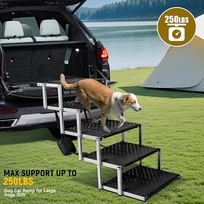 Extra Wide Dog Stairs for Car - Foldable Ramps with Non Slip Surface, Portable Steps for Cars, SUVs, Trucks, Supports Up to 250 Lbs
