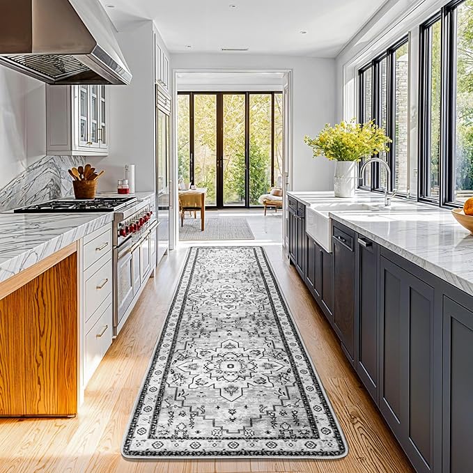 LBRO2M Boho Hallway Rug 2'X10’ Washable Runner Rugs Non Slip Low Piles Rugs Vintage, Soft, Gray Area Rug Runners for Hallways, Bedroom, Kitchen Laundry Room Pattern Print (2'X10', Gray)