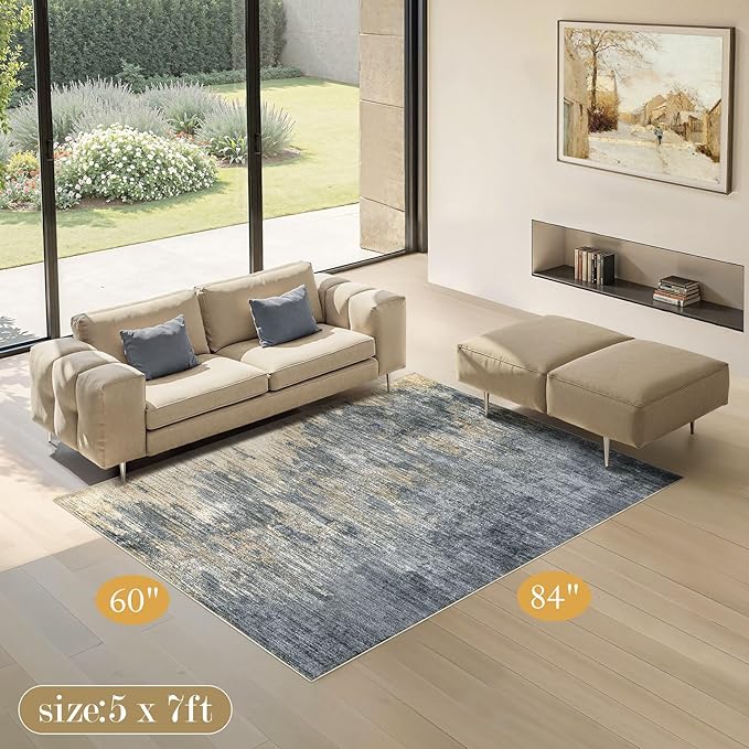 Area Rugs for Living Room: 5x7 Abstract Washable Rug Modern Neutral Large Soft Stain Resistant Non-Slip Backing Machine Table for Bedroom Dining Room Indoor Home Office Carpet - Blue Gold