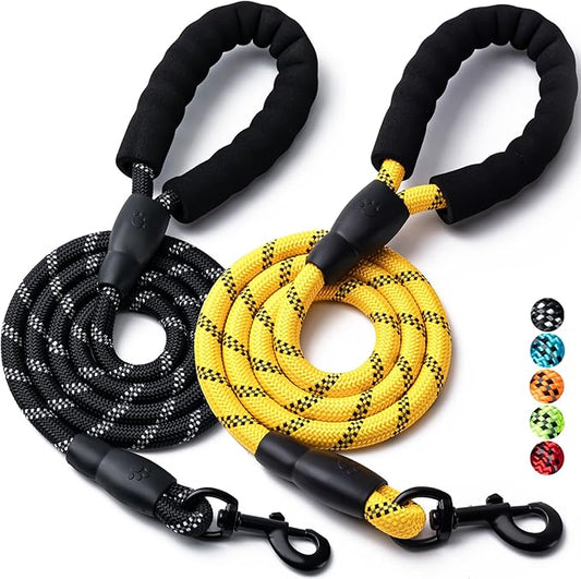 2 Pack Dog Leash, 4/5//6 FT Heavy Duty Nylon Rope Pet Leashes with Comfortable Padded Handle, Reflective Dog Leashes for Small Medium and Large Dogs (4FT-3/8,Black/Yellow)