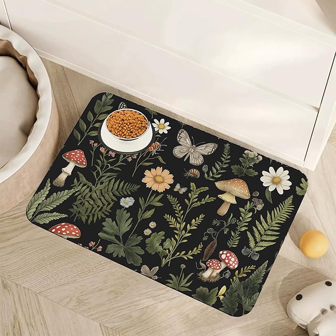 Red Mushroom Pet Feeding Mat,Fern Herb Butterfly Absorbent Quick-Dry Cat Dog Food and Water Bowl Mats,Non-Slip Rubber Backing Mat,Cat Dog Accessories Supplies 12"x20"