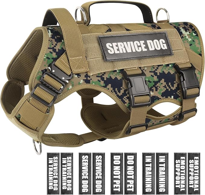 WINSEE Service Dog Vest Harness for Large Dog, Tactical Working MOLLE Vest with 10 Pet Patches, No Pull Heavy Duty Harness for Training Hunting Walking