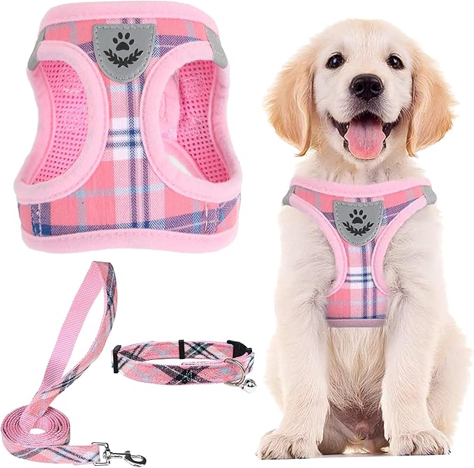 PUPTECK Adjustable Dog Harness Collar and Leash Set Step in No Pull Pet Harness for Small Medium Dogs Puppy and Cats Outdoor Walking Running, Soft Mesh Padded Reflective Vest Harnesses, Pink XXS
