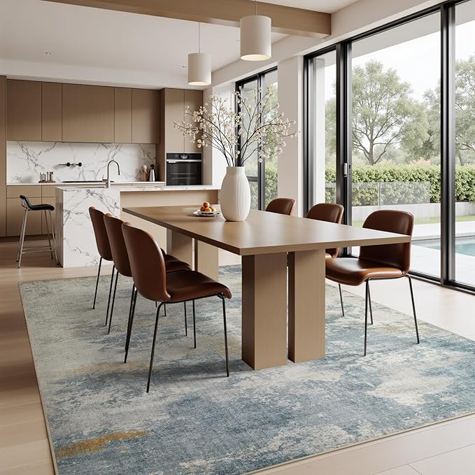 Joydeco 6x9 Area Rugs for Living Room, Non-Slip Modern Abstract Soft Washable Rug, Low Pile Carpet for Bedroom, Dining Room, Home Office, Pet & Child Friendly, White & Blue & Gold