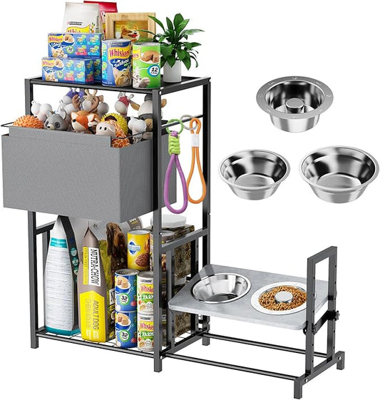 Elevated Dog Bowls Stand with Pet Storage Organizer, Adjustable Feeding Station Cabinet with Toy Basket for Large, Medium, and Small Dogs