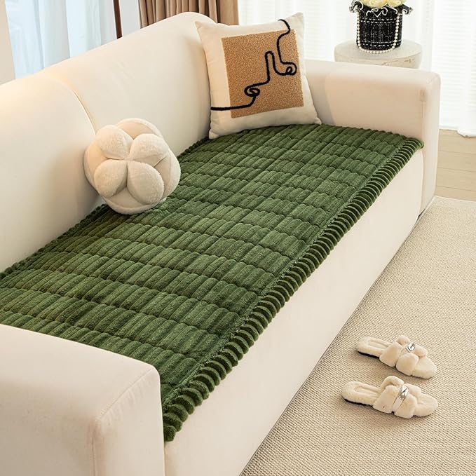 Christmas Faux Fur Plush Dog Couch Cover, 3D Stripe Fuzzy Sofa Covers, Non-Slip Fluffy Dog Bed Cover Pet Blanket, Washable Furniture Protector for Puppy Cat (Dark Green,35"x94")